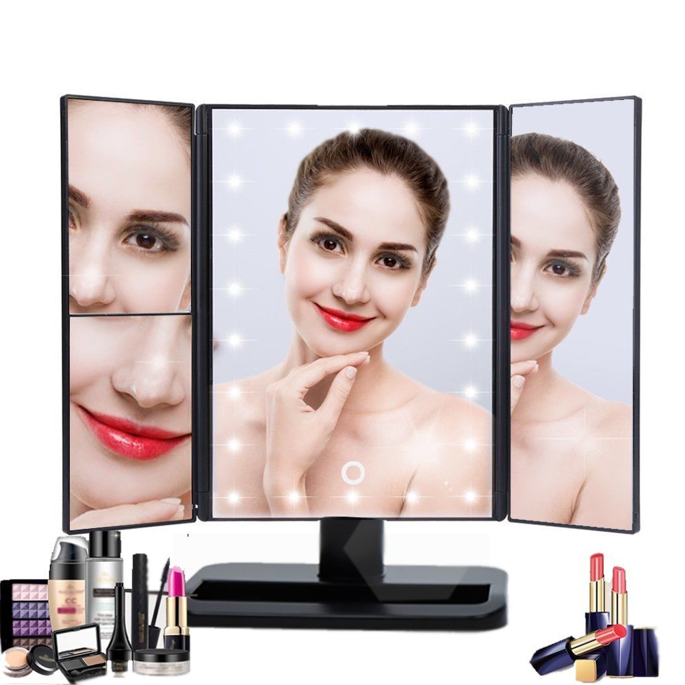 vinmax Tri-Fold Lighted Vanity Makeup Mirror,Portable Table LED Lamp Luminous Makeup Mirror Adjustable Tabletop Countertop Light Mirror(Black)