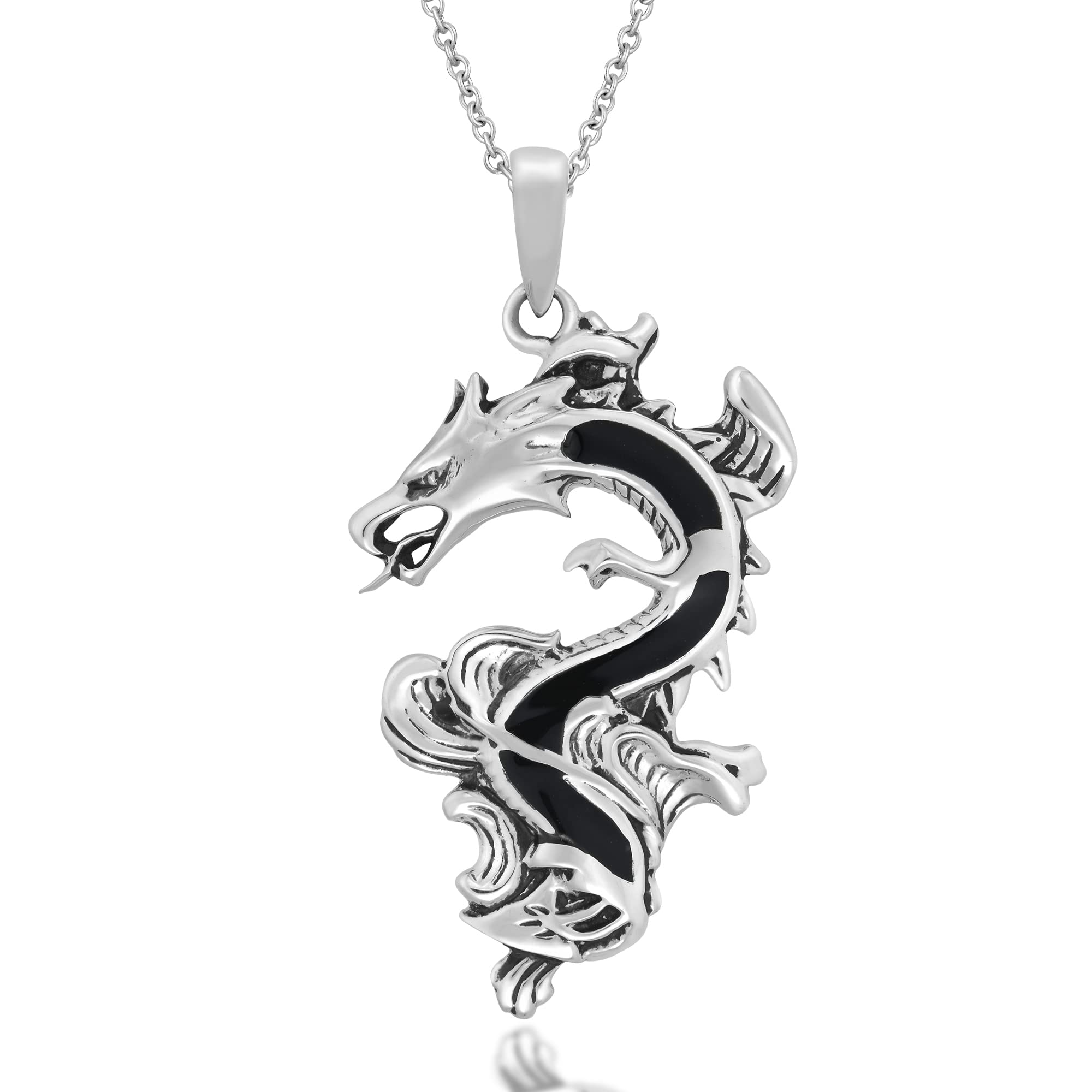 AeraVida Legendary Chinese Dragon Simulated Black Onyx Inlay .925 Sterling Silver Pendant Necklace Sterling Silver Necklace for Women | Long Necklaces for Women | Necklace Women Jewelry