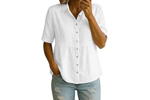 Women's Dressy Tops Cotton Linen Summer Blouses Short Sleeve Button Down Shirts with Collar Loose Fit Babydoll Tops