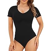 POSESHE Women's Plus Size Bodysuit V neck Short Sleeves Casual Basic Bodysuit Tops Jumpsuit T-shirts