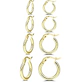14K Gold Plated Hoop Earrings for Women, 4 Pairs Sterling Silver Post Small Hoops, Gold Huggie Earrings Set for Women Men (13mm 15mm 20mm 25mm)