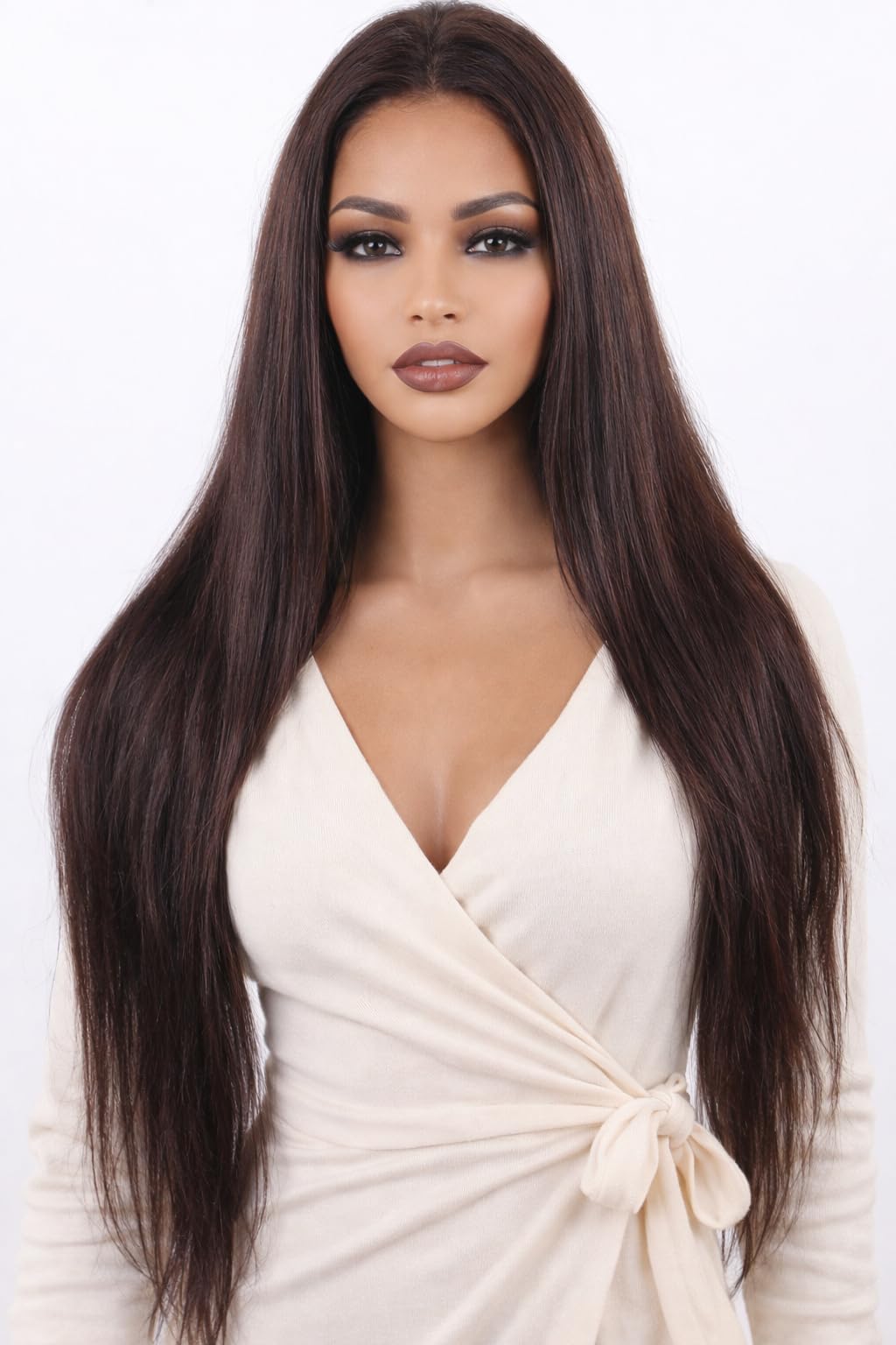 Photo 1 of ManeMajesty 13X4 Straight Lace Front Wig Human Hair 34 Inch - 180% Density Pre Plucked with Baby Hair, Natural Dark Brown Glueless Layered Wig for Black Women