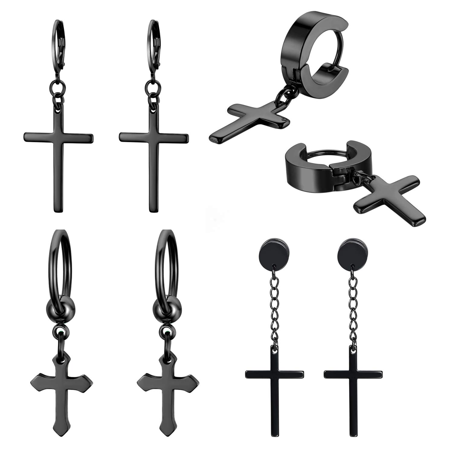 JewelryWe 4 Pairs Cross Earrings,Stainless Steel Hinged Hoop Cross Dangling Stud Earrings for Men Women(Black) — image 1