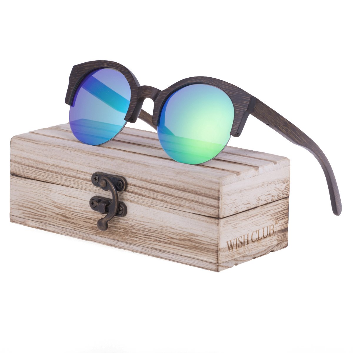 WISH CLUB Half Frame Round Wood Sunglasses Unisex Classic Mirrored Floating Vintage 60s Glasses(Green)