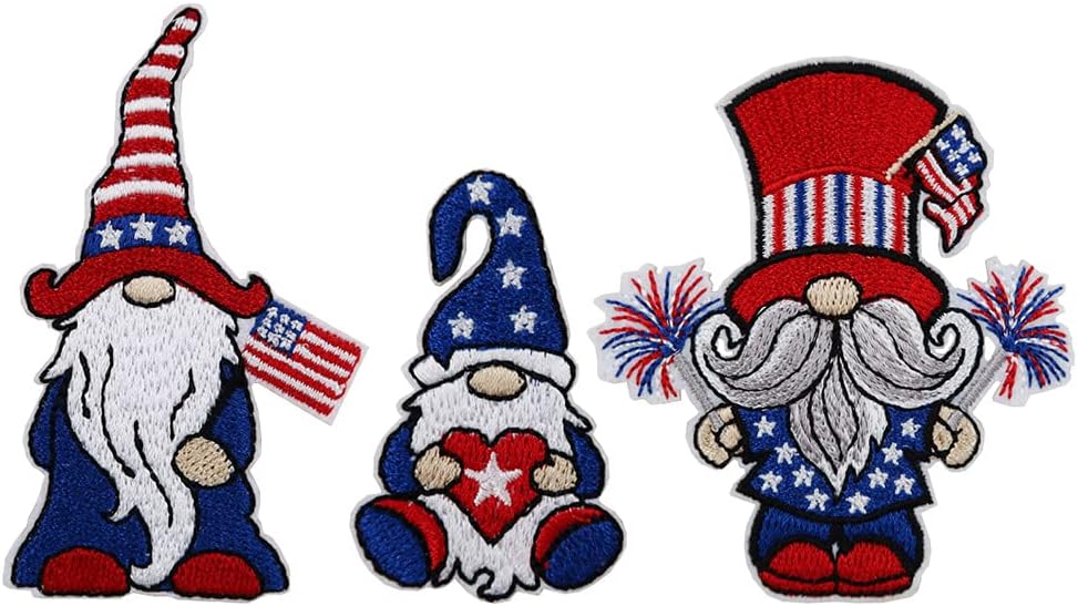 Mixed Media - Patriotic US Flag American Gnome Embroidered Iron On Patches Set of 3