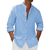 Runcati Mens Casual Linen Shirts 3/4 Sleeve Button Down Banded Collar Summer Beach Shirt