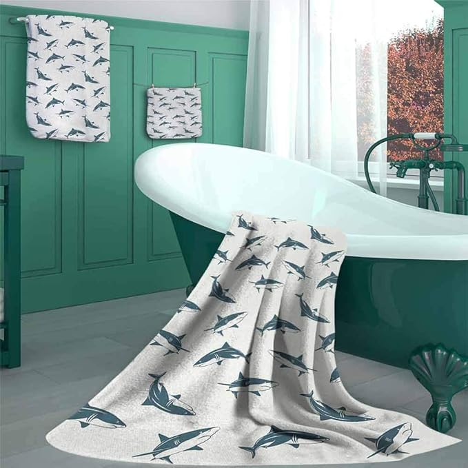 Sea Animals Bath Towel Set, Pattern with Sharks Swimming to