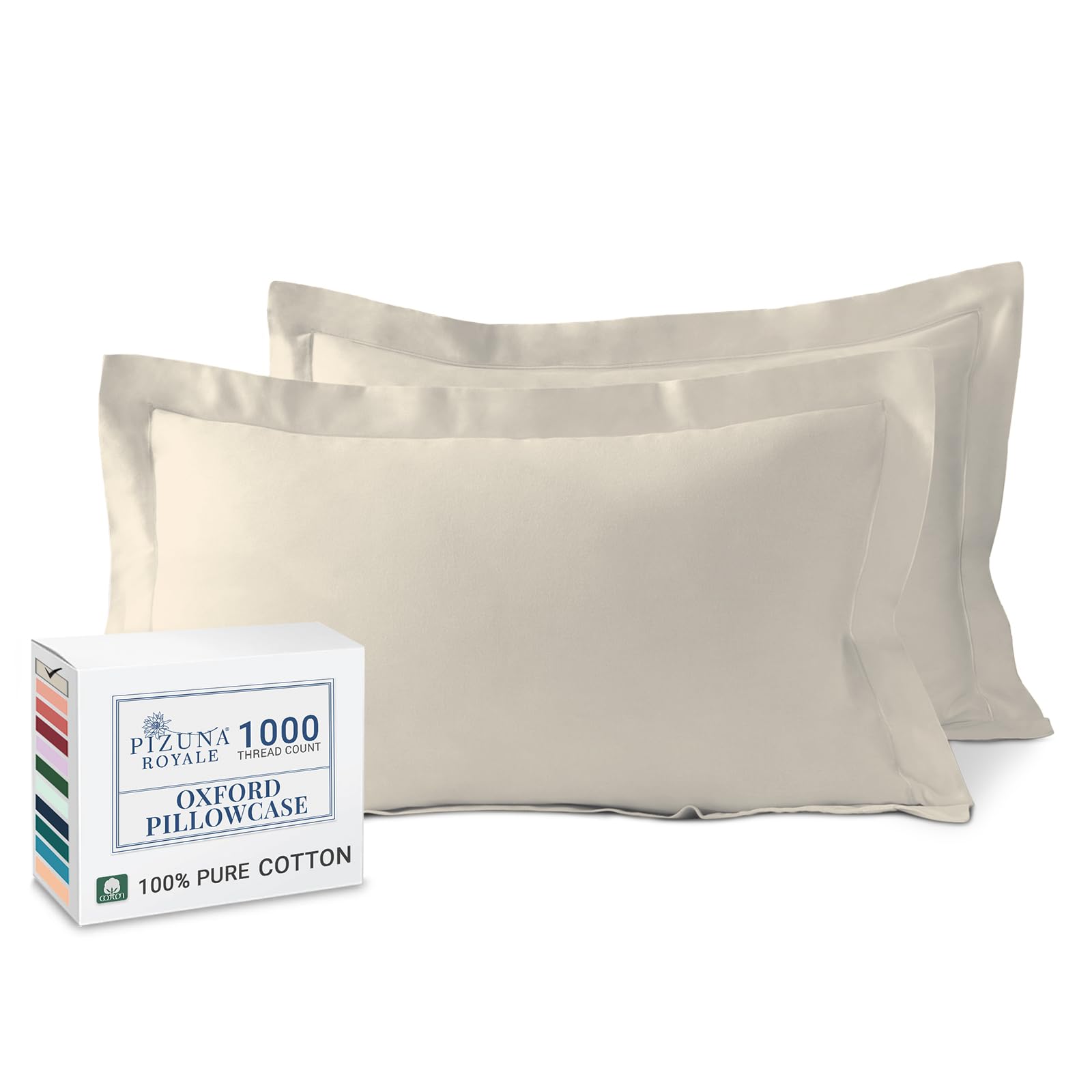 Pizuna Luxurious Cotton King Size Oxford Pillowcases 2 Pack Simply Taupe 50x90cm, 1000 Thread Count Long Staple Combed Cotton Thick Pillow Cover, Soft Sateen King Pillow Cases (Cooling Pillowcase)