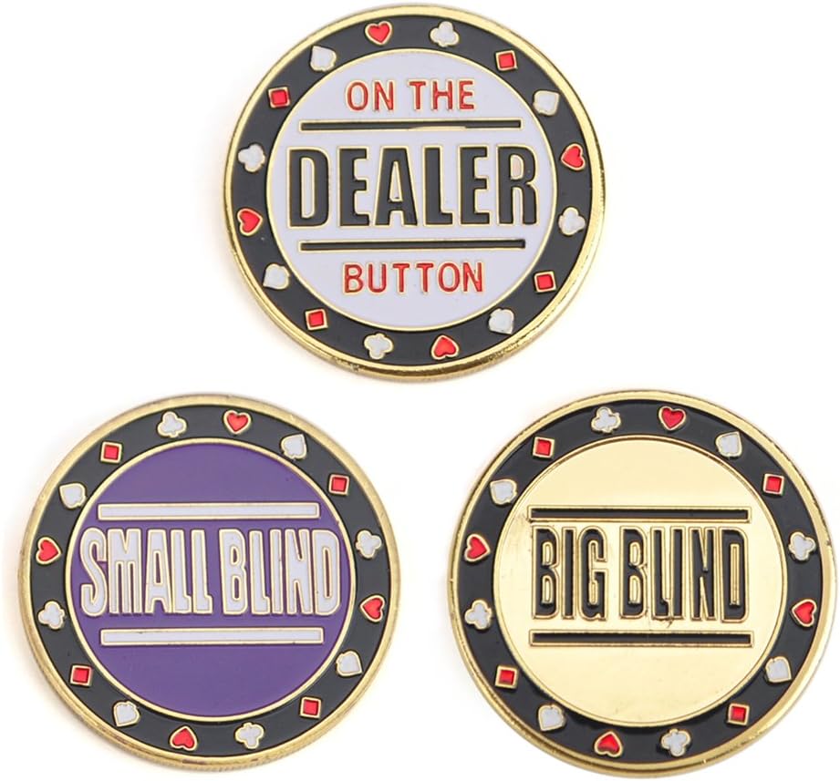 GOGO Set of 3 Metal Chip Poker Buttons - Small Blind, Big Blind and Dealer, 3 inches x 1.5 inches x 0.8 inches