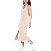 ODODOS Modal Soft Front Split Midi Dress for Women, V Neck Sleeveless Casual Summer Tank Dress
