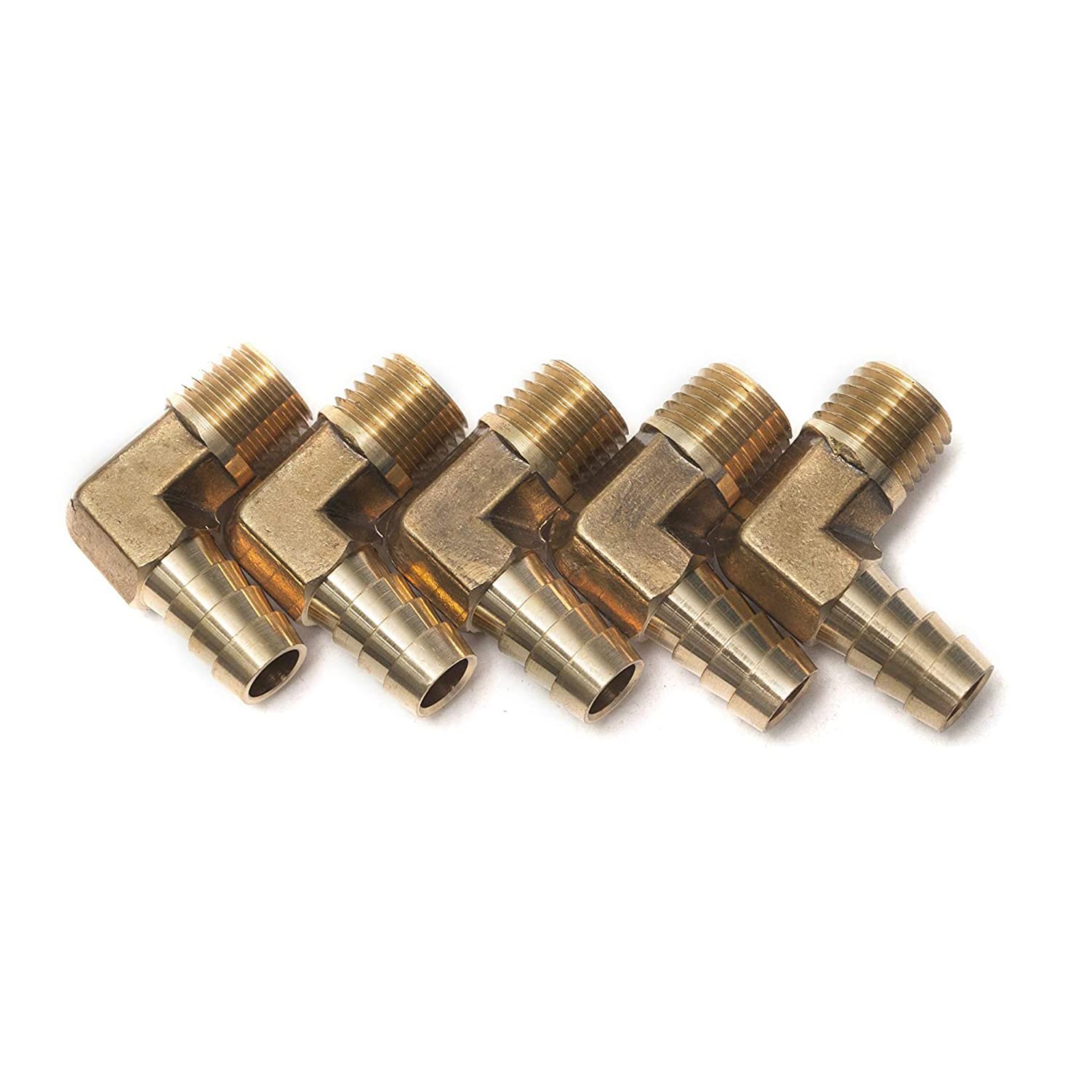 LTWFITTING 90 Deg Elbow Brass Barb Fitting 1/4-Inch Male BSPT x 3/8-Inch(10mm) ID Hose Boat Water (Pack of 5)