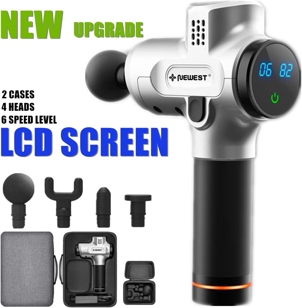 homtuzan Deep Muscle Massage Gun Fascia Gun - 4 Replaceable Heads 6 Speed Levels and LCD Muscle Stimulation Pain Relief Percussion Therapy Portable Large Capacity Power Noise Reduction