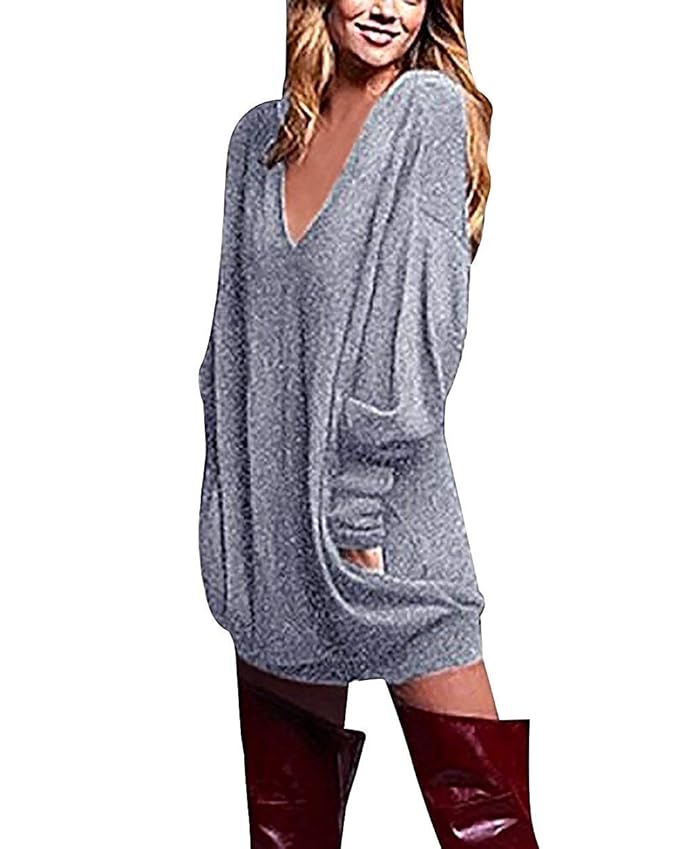 Yidarton Damen Langarm Oberteile V-Ausschnitt Lose Oversize Lang Sweatshirt Pullover Tops
