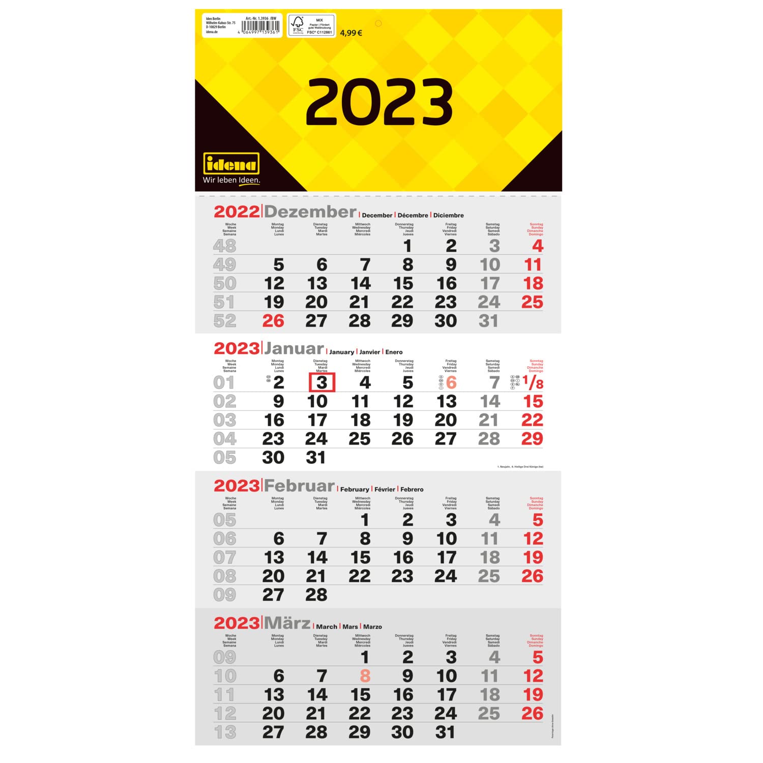 Idena 13936-4 Month Calendar 2023 Wall Calendar with Slider, 30 x 61 cm, Office Calendar 4 Months