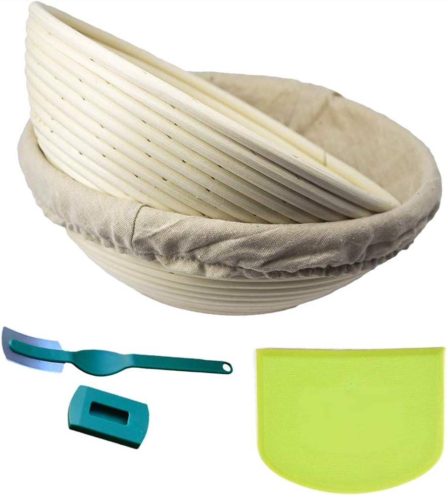 ABeauty Round Proofing Basket Banneton Proofing Basket Proofing Bowl Brotform for Bread Sourdough Dough with Liner + Dough Scraper + Lame (10”)