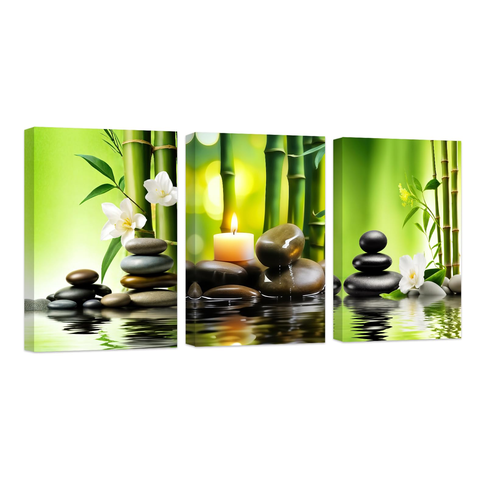 ZXHYWYM Grenn Zen Wall Art 3 Piece Bamboo White Flower Pictures Zen Stone Canvas Print Meditation Spa Yoga Room Office Bathroom Decor Framed (A, (28x35cmx3))