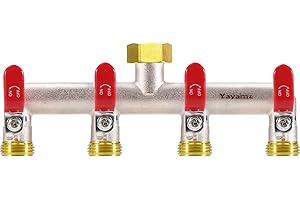 Yayamz 4 Way Garden Hose Splitter, Heavy Duty Brass Nickel Plated Rust Resistant Faucet Manifold, 3/4" Frost Resistant Outdoor Hose Adapter Connector，Hose Spigot Adapter with 4 large red handles