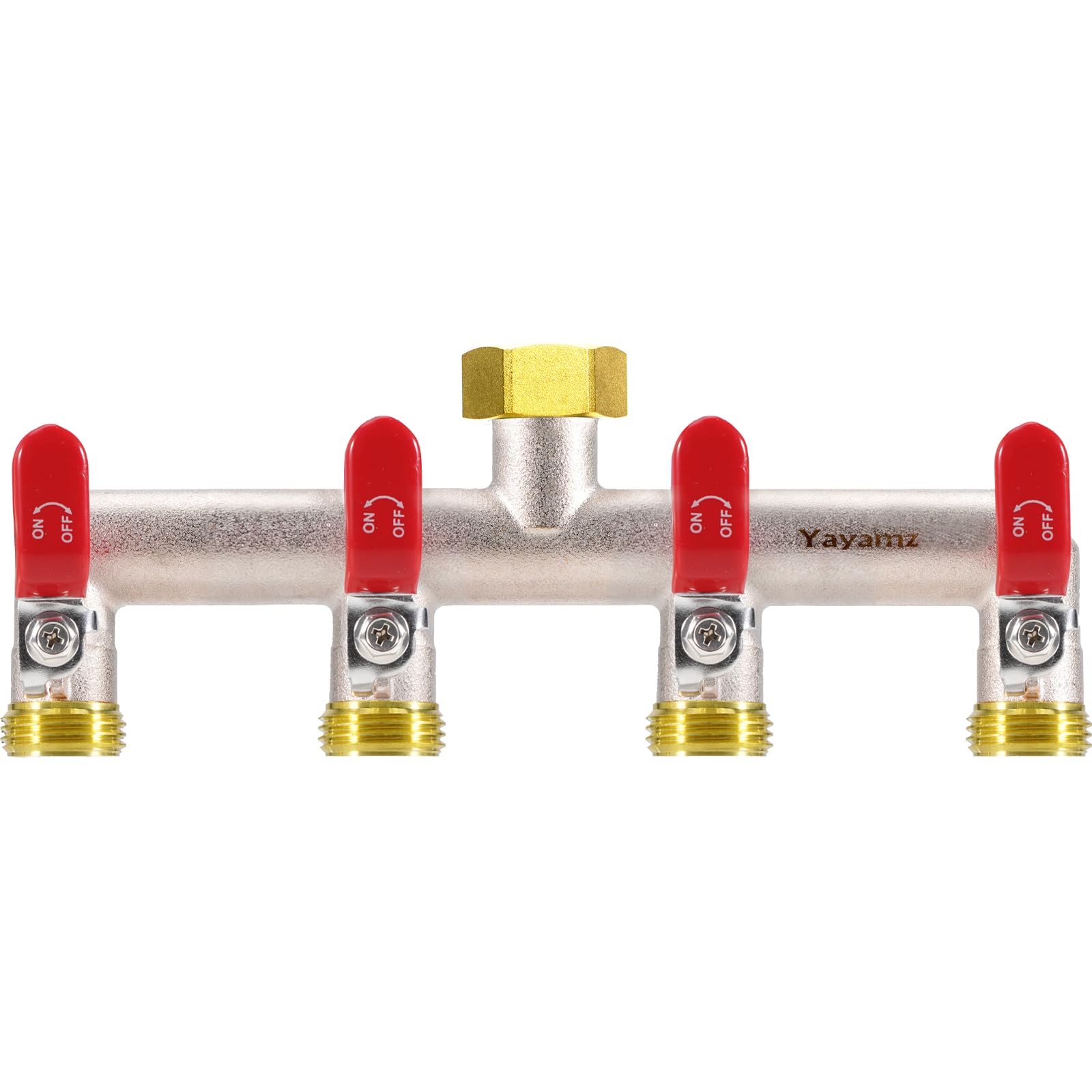 Photo 1 of Yayamz 4 Way Garden Hose Splitter, Heavy Duty Brass Nickel Plated Rust Resistant Faucet Manifold, 3/4" Frost Resistant Outdoor Hose Adapter Connector?Hose Spigot Adapter with 4 large red handles