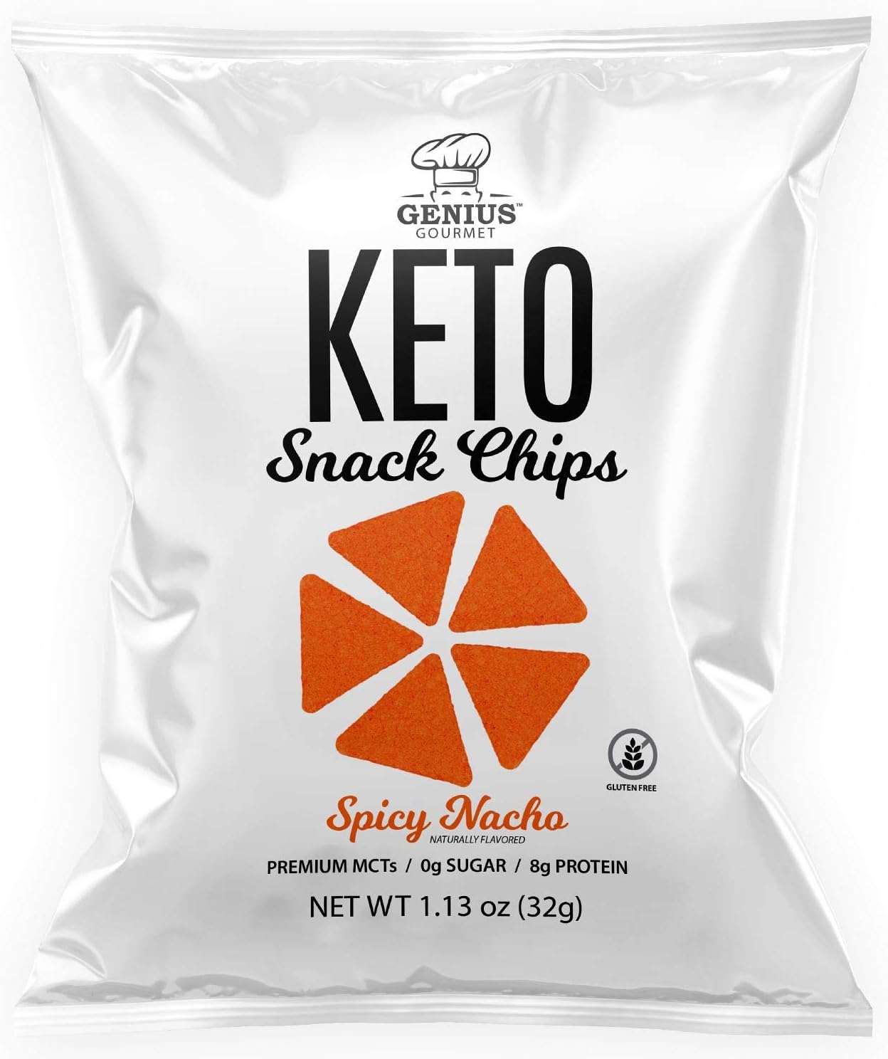 Genius Gourmet Gluten Free Keto Chips - Keto Friendly Low Carb Low Sugar Snack - Natural Ketogenic Chips - Spicy Nacho 8