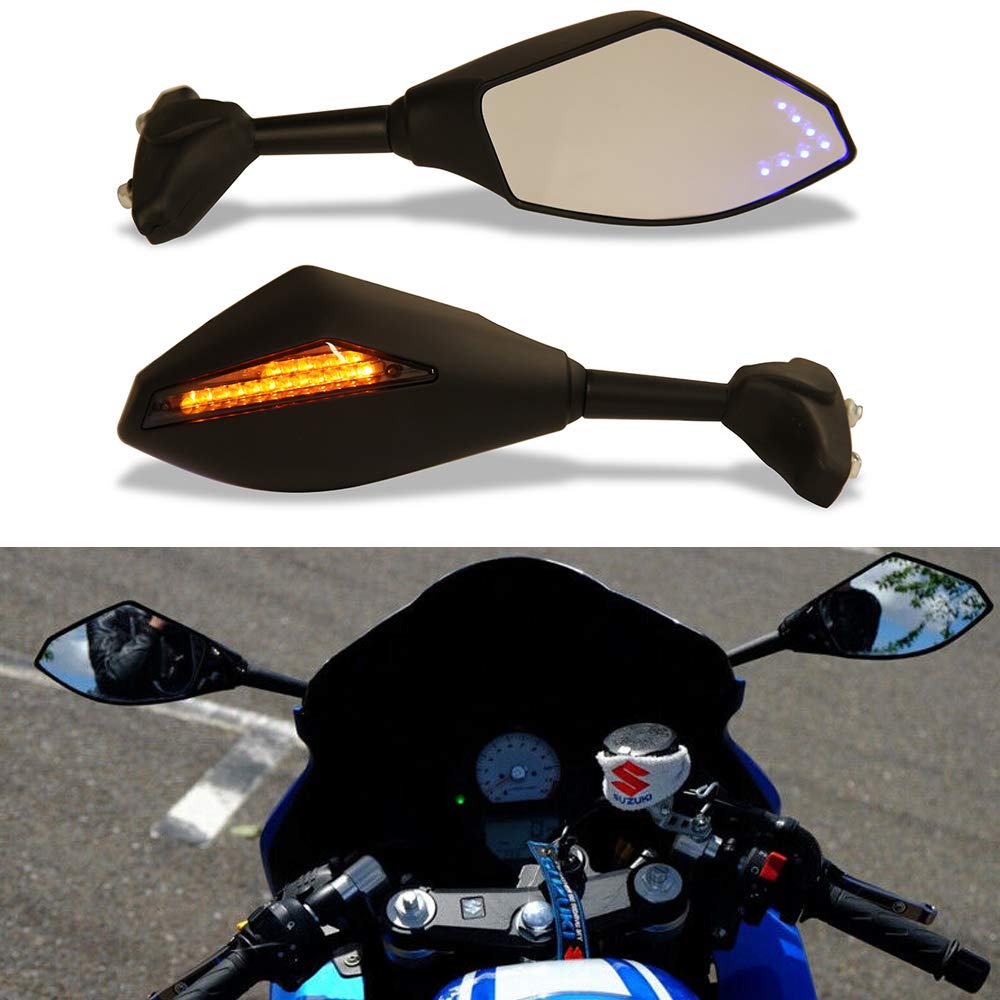 Photo 1 of Motorcycle Rearview Mirrors With LED Turn Signal Compatible with Honda Kawasaki Suzuki (Matte Black+Smoke Len+ Blue Arrow Light)