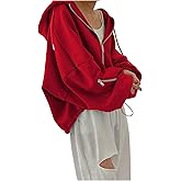 RoseSeek Women's Zip Up Drawstring Hoodie Long Sleeve Drop Shoulder Loose Sweatshirt Outerwear