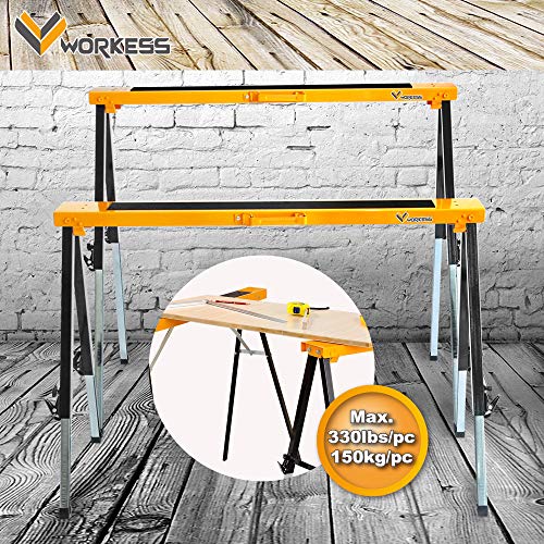 Multi Purpose Steel Sawhorse, Folding Legs Height Adjustable 330 Lbs Load Capacity Per Unit Twin Pack WK-SH032T