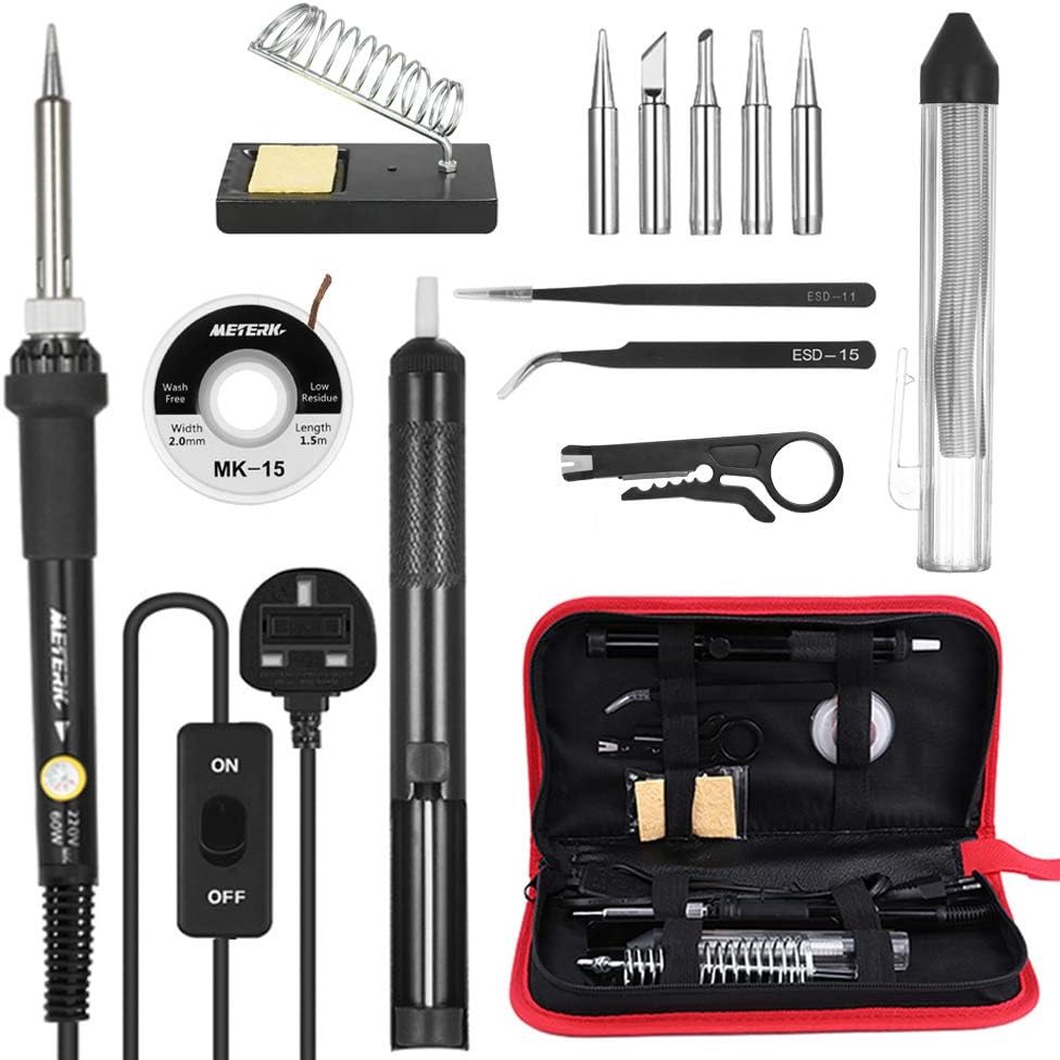 Soldering Iron Kit,Meterk 14PCS 60W Adjustable Temperature Soldering-Iron Gun Kit Soldering Tips Solder Sucker Desoldering Wick Solder Wire Anti-Static Tweezers and Stand with Cleaning Sponge