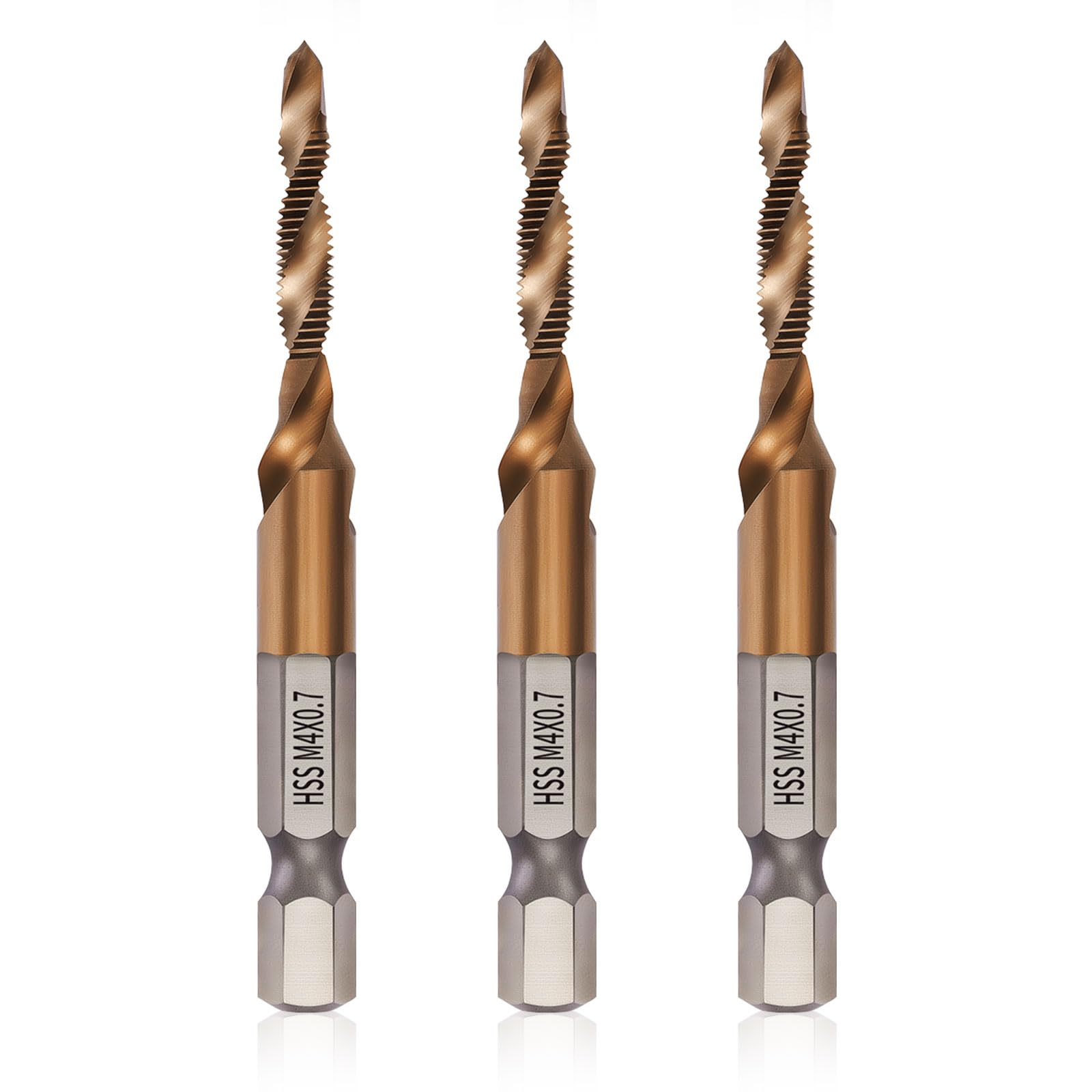 Litorange 3 Pcs 6542 HSS Drill & Taps Bit Set with Cobalt Coating, Screw Tapping Threading Tools in Sizes M4 with 6 mm Hex Shank, Suitable for Professional and Difficult Tapping