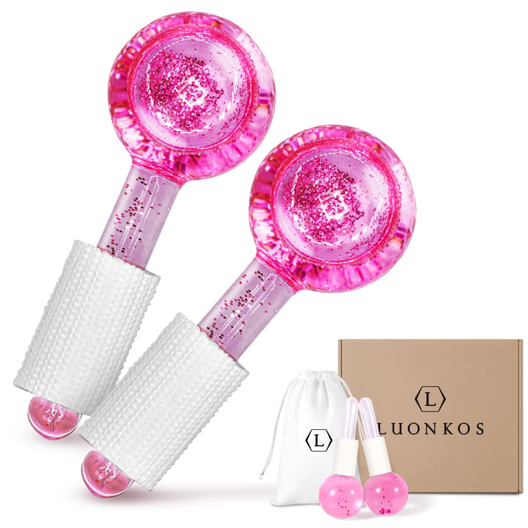 LUONKOS Ice Globes for Face - Pink, Set of 2 - Reusable Glass Gua Sha Tool & Lymphatic Drainage Massager - Skincare Face Tools for Puffiness & Dark Circles - Ice Roller with Cryo Globes for Eyes