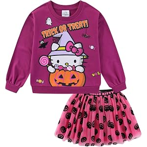 Hello Kitty Sanrio Girls Halloween Pullover Sweatshirt and Tulle Skirt Set for Big Kids