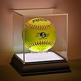 Softball Display Case with Led Light, UV Protected Cube with Wood Base Stand, Clear Acrylic Softball Holder for Single Autograph Ball