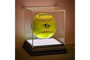 GYAOZII Softball Display Case with Led Light, UV Protected Cube with Wood Base Stand, Clear Acrylic Softball Holder for Single Autograph Ball