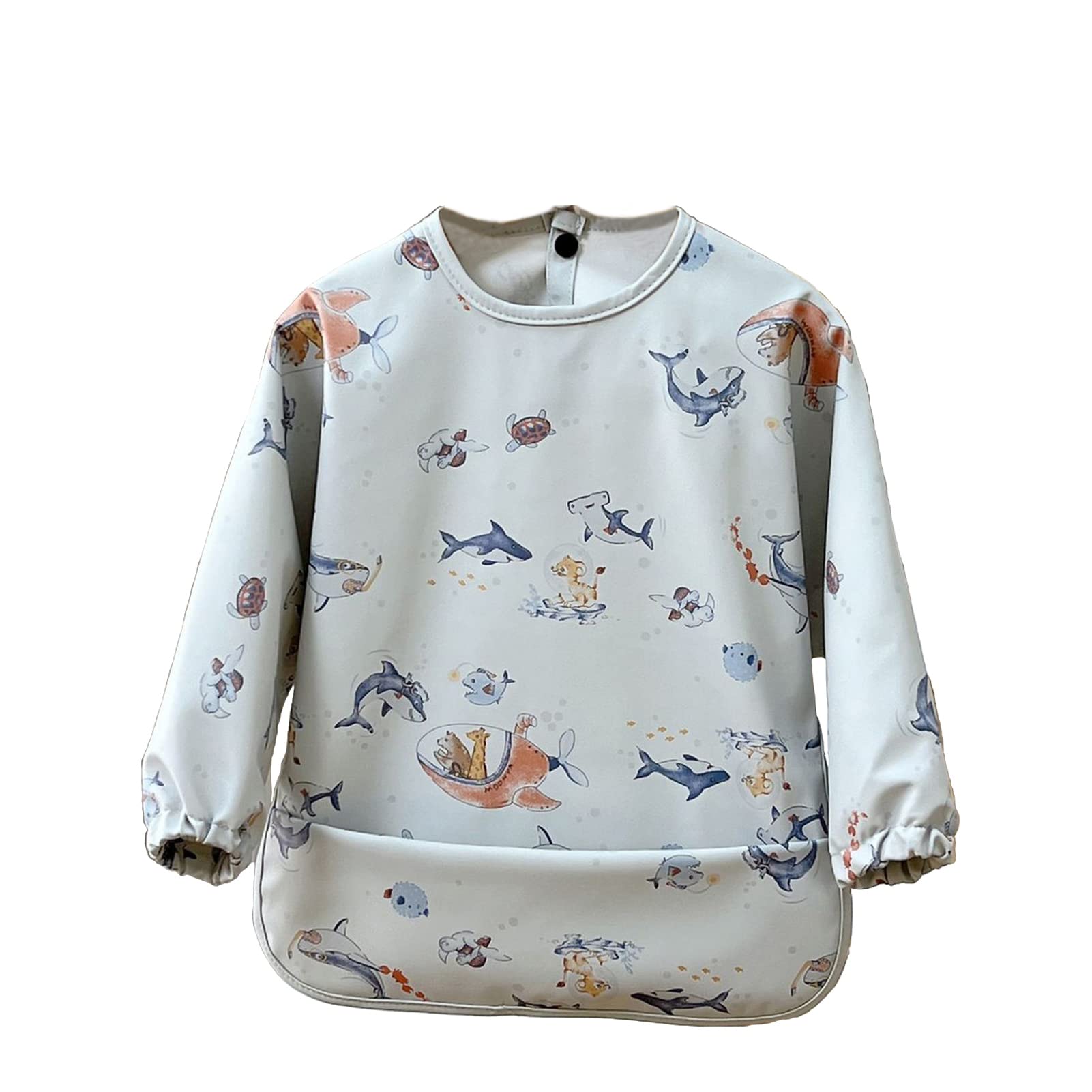 Cozozn Baby Weaning Bib Long Sleeves Toddler Feeding Bibs with Arms Plastic Back Waterproof Coverall Weaning Bib 4-6 Years, Sharks White