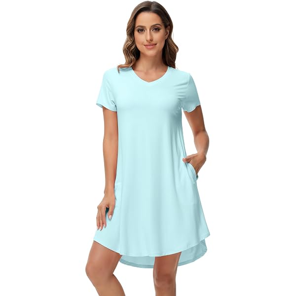 WiWi Bamboo Viscose Nightgown For Women - Short Sleeve Sleep Shirt With Pocket (Medium, Black)