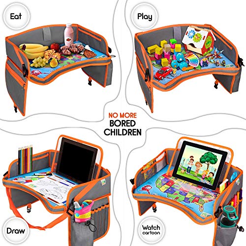 US Kids Travel Car Seat Tray - Toddlers Carseat Tray Organizer - Large Tablet & Cup Holder - Waterproof Food & Snack Lap Tray - Road Trip Activities for Kids - Travel Games for Kids in Airplane - Thumbnail 4