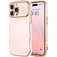 LCHULLE for iPhone 14 Pro Case for Women Girls, Cute Wave Frame Curly Shape with Love Heart Pattern Raised Camera Protection Cover Luxury Plating Shockproof Phone Case for iPhone 14 Pro, Nude Pink