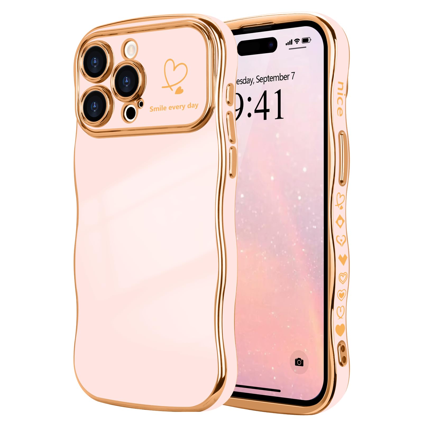 LCHULLE for iPhone 15 Pro Case for Women Girls,Cute Curly Wave Frame Shape Love Heart Pattern Phone Case,Raised Camera Protection Luxury Plating Shockproof Cover for iPhone 15 Pro 6.1",Nude Pink