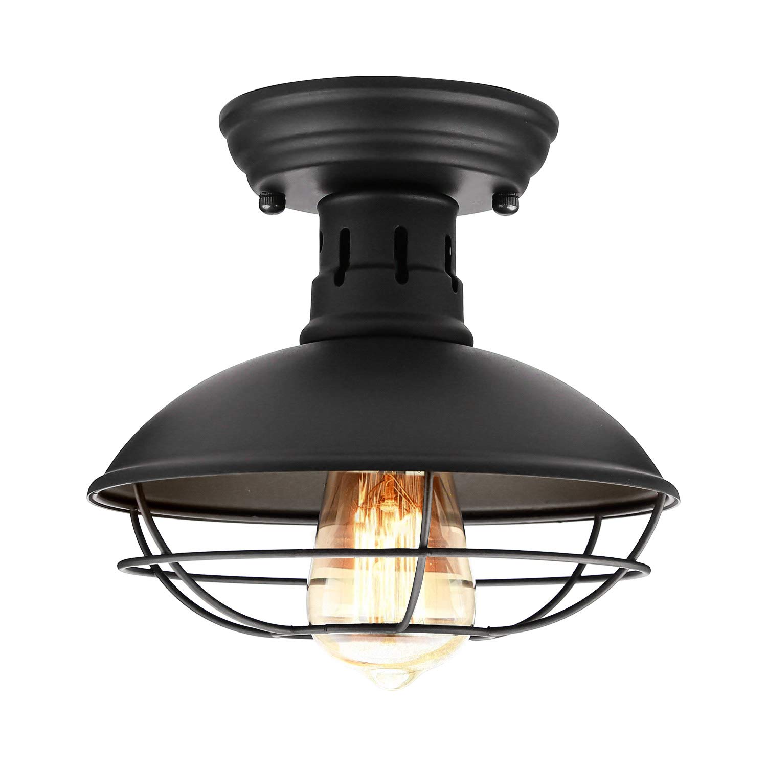 View 1 of Farmhouse Flush Mount Ceiling Light - Easric Industrial Ceiling Light Fixture Rustic Black Metal Cage Close to Ceiling Lamp E26 Base for Hallway Foyer Kitchen Porch