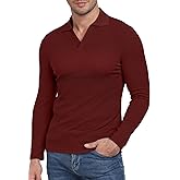 YTD Men's Muscle V Neck Polo Shirts Slim Fit Long Sleeve Golf T-Shirts Ribbed Knit Soft Casual Tees