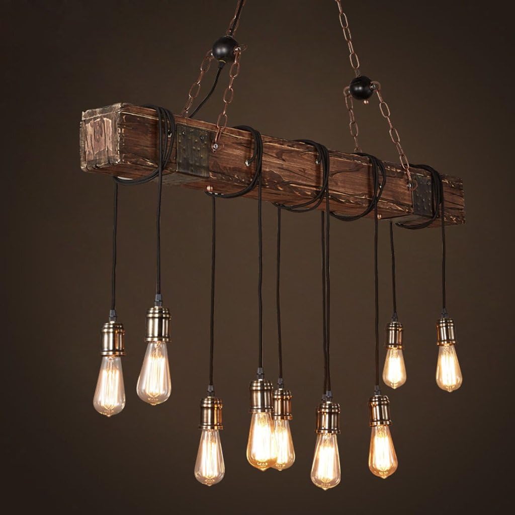 RRC @Lighting decoration Wooden Pendant Light Farmhouse Style Dark Distressed Wood Beam Large Linear Island Pendant Light 10-Light Chandelier Lighting Hanging Ceiling Fixture [Energy Class A++]