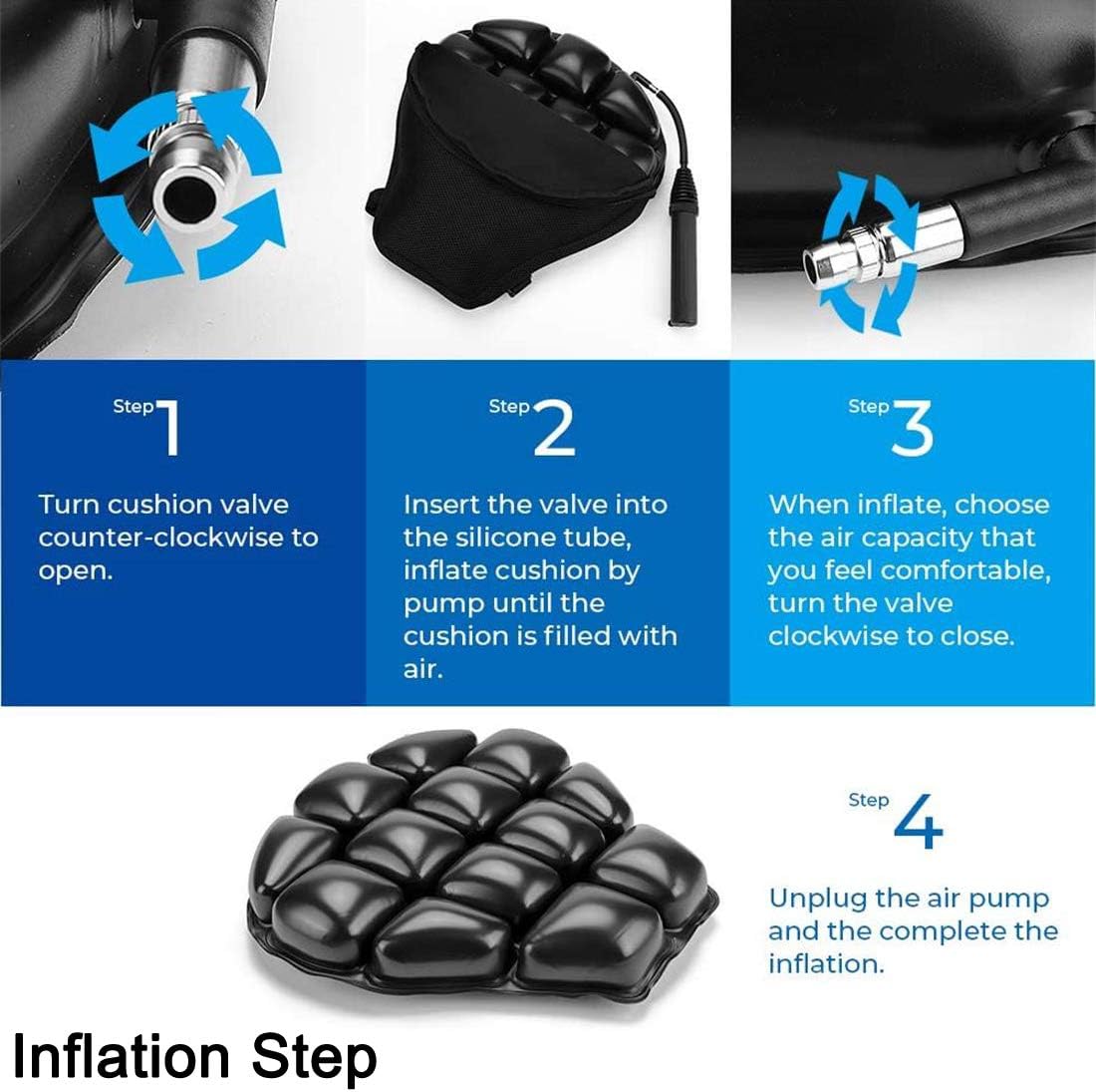 DEEIRAO Motorcycle Air Seat Cushion 3D Airbag Seat Pad TPU Lycra Cotton with Straps for Cruiser Touring Saddles Bearing 150kg Large Size 37.5x36x4cm - Image 3
