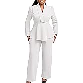 Women Suit Jacket 2 Piece Ruffle Blazer with Wide Leg Pants Suit Long Sleeve Business Casual Outfits