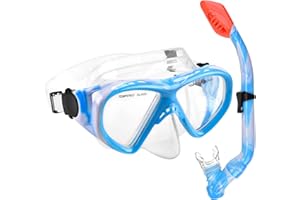 ACQCES Kids Snorkel Set Dry Top Snorkeling Gear for Kids Youth Boys Girls Junior Age 5-15,Tempered Glass Swimming Diving Mask and Snorkel Set 180 Degree Panoramic View