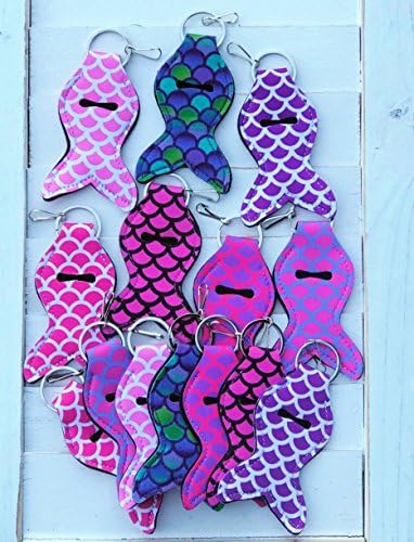 SET OF 9 MERMAID SCALE NEOPRENE KEYCHAIN TRAVEL CASE, COLORFUL ROLLER BOTTLE, ESSENTIAL OIL, CHAPSTICK, LIP BALM, GLOSS, STRETCH PROTECTIVE SLEEVE