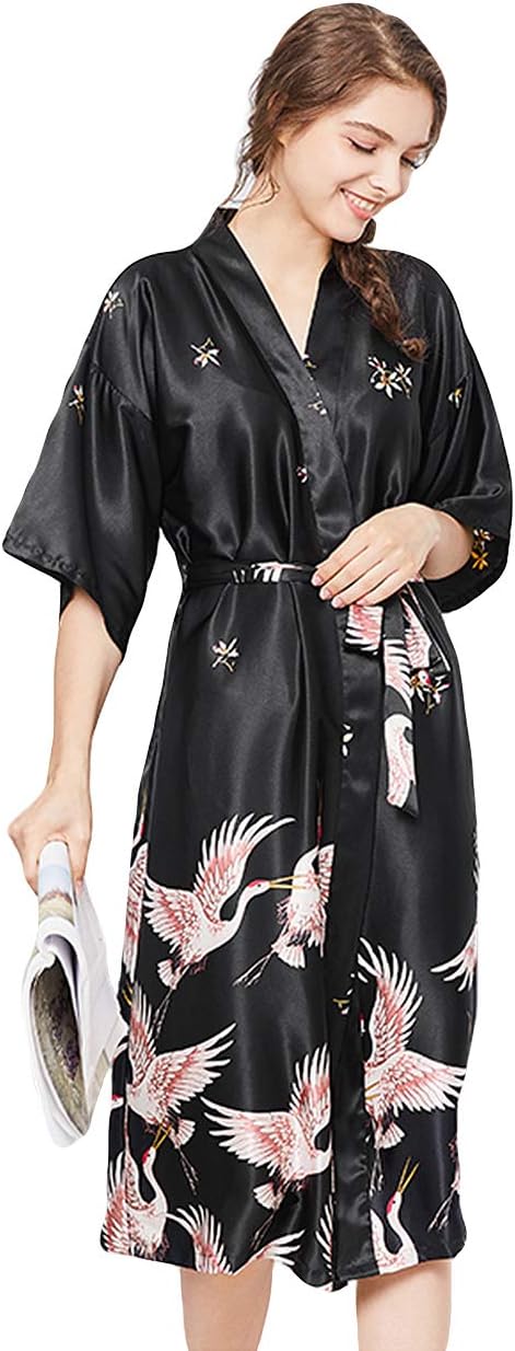 Kimono Robes for Women Ladies Silk Satin Dressing Gown Long Kimono Robe Peacock Size UK 8-18
