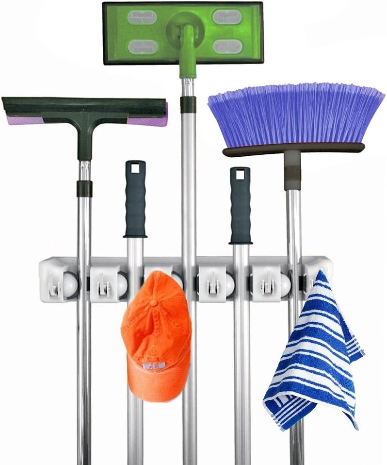 Broom Mop Holder Anti Slip Automatic Locking Wall Mounted Coat Hangers Garage Storage Hook With Five KUGELSCH Holes and 6 Hooks Wall Mounted Organizer