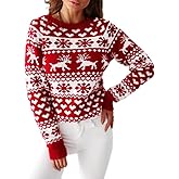 Womens Christmas Snowflake Reindeer Sweater Vintage Crewneck Long Sleeve Pullover Xmas Holiday Knitted Jumper