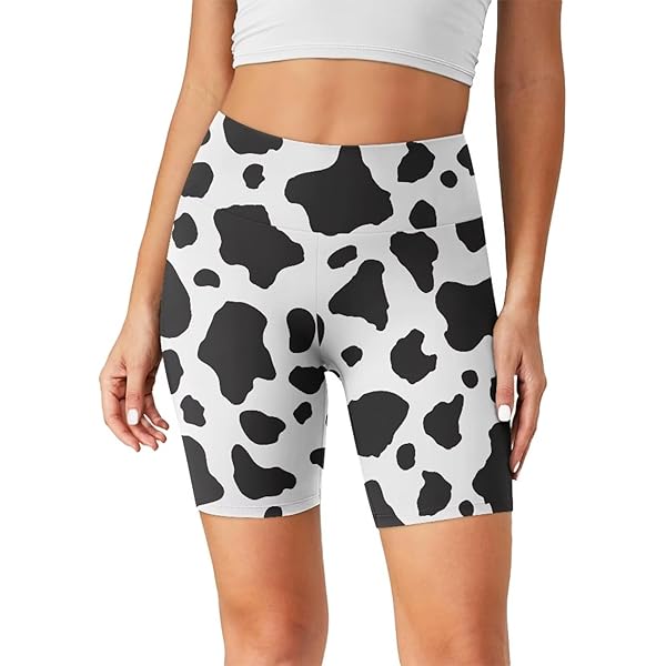 BIGCARJOB Black Cow Print High Waisted Biker Shorts for Women