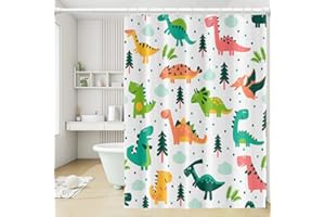 Umpoo Cute Dinosaur Shower Curtains Colorful Baby Dino Funny Animals Green Trees for Kids Neutral Curtain Waterproof Fabric Polyester Accessories with 12 Hooks, 72x84 Inch Green/Yellow/Darksalmon