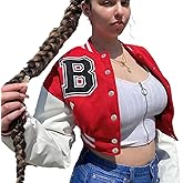 babyhealthy Womens Crop Varsity Jacket Stitched Leather Baseball Bomber Jacket Y2K Streetwear Short Coat